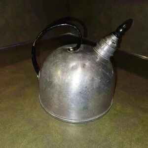 Aluminum‎ tea kettle with whistle.